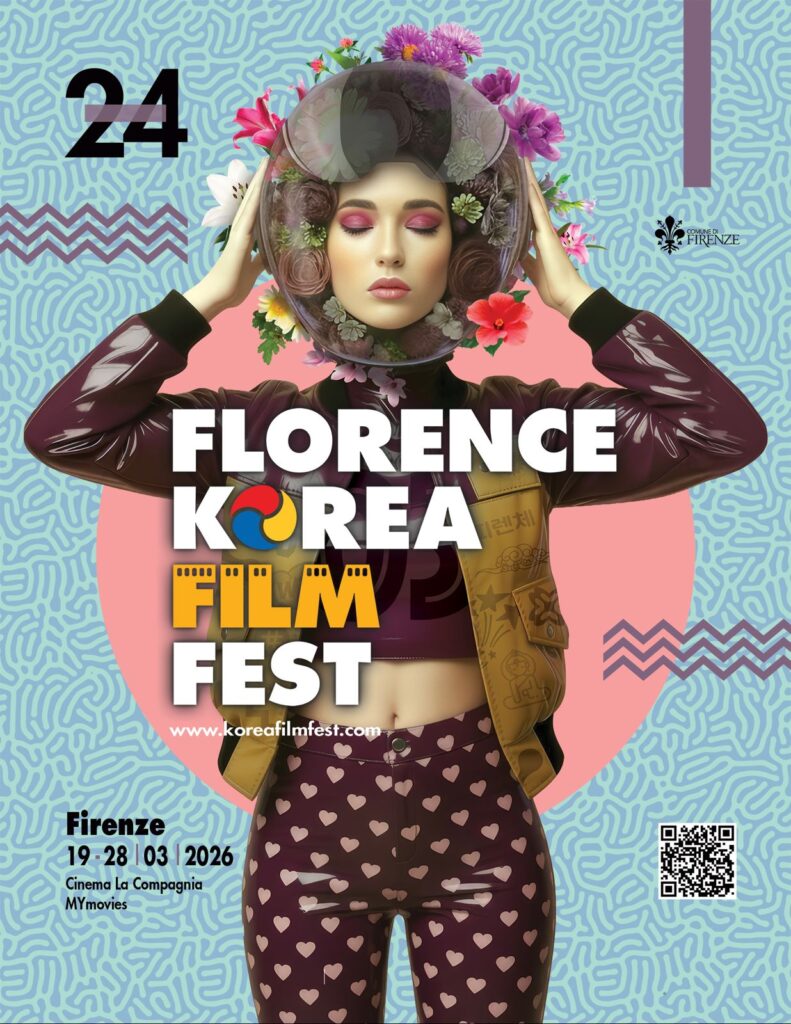 Official poster 24th edition Florence Korea Film Fest - astronaut with flowers.